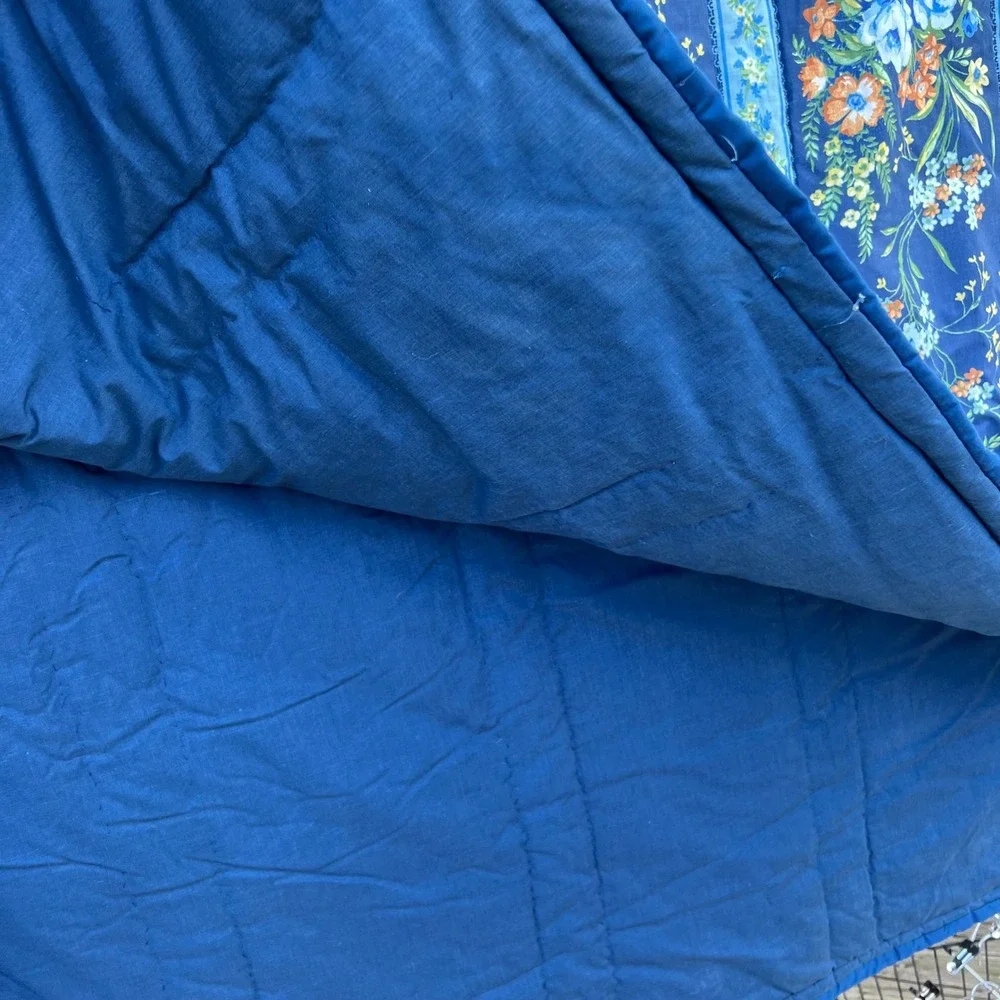 Vtg Handmade Quilt 78x82 Blue Floral Cottagecore Hand Stitched Cotton Full Queen